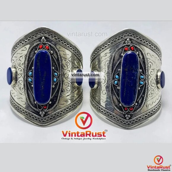 Single Kuchi Lapis Lazuli Cuff Bracelet: Vintage Tribal Boho Jewelry - Picture 8 of 13